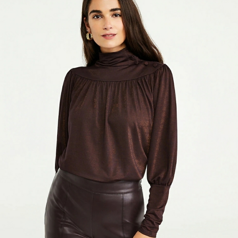 Ann Taylor Shimmer Button Shirred Turtleneck Top